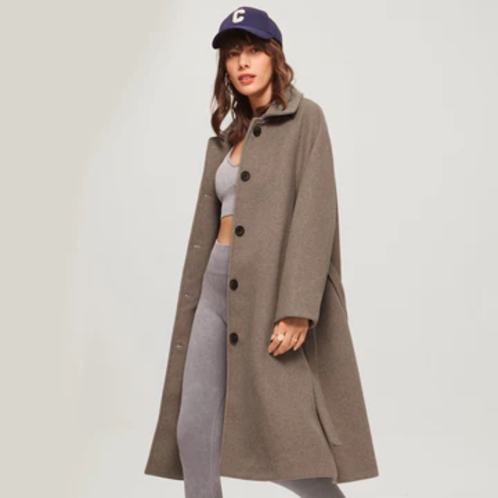 Brushed Belted Long Overcoat in Khaki, Commense, Large